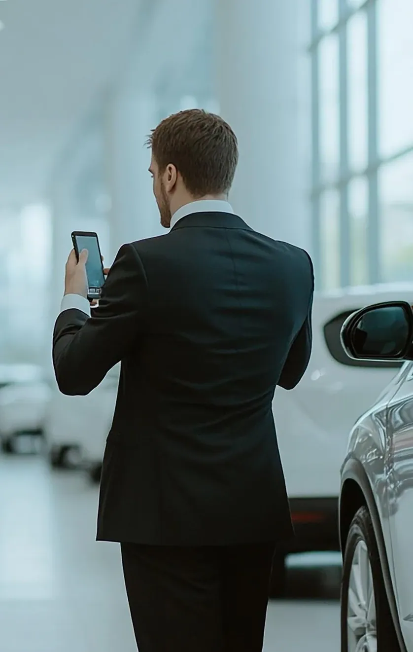 A man checking his phone in a car showroom