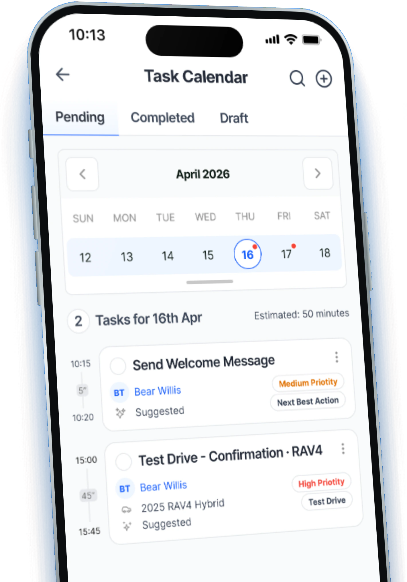 A salesperson's task calendar on a phone, with sample data