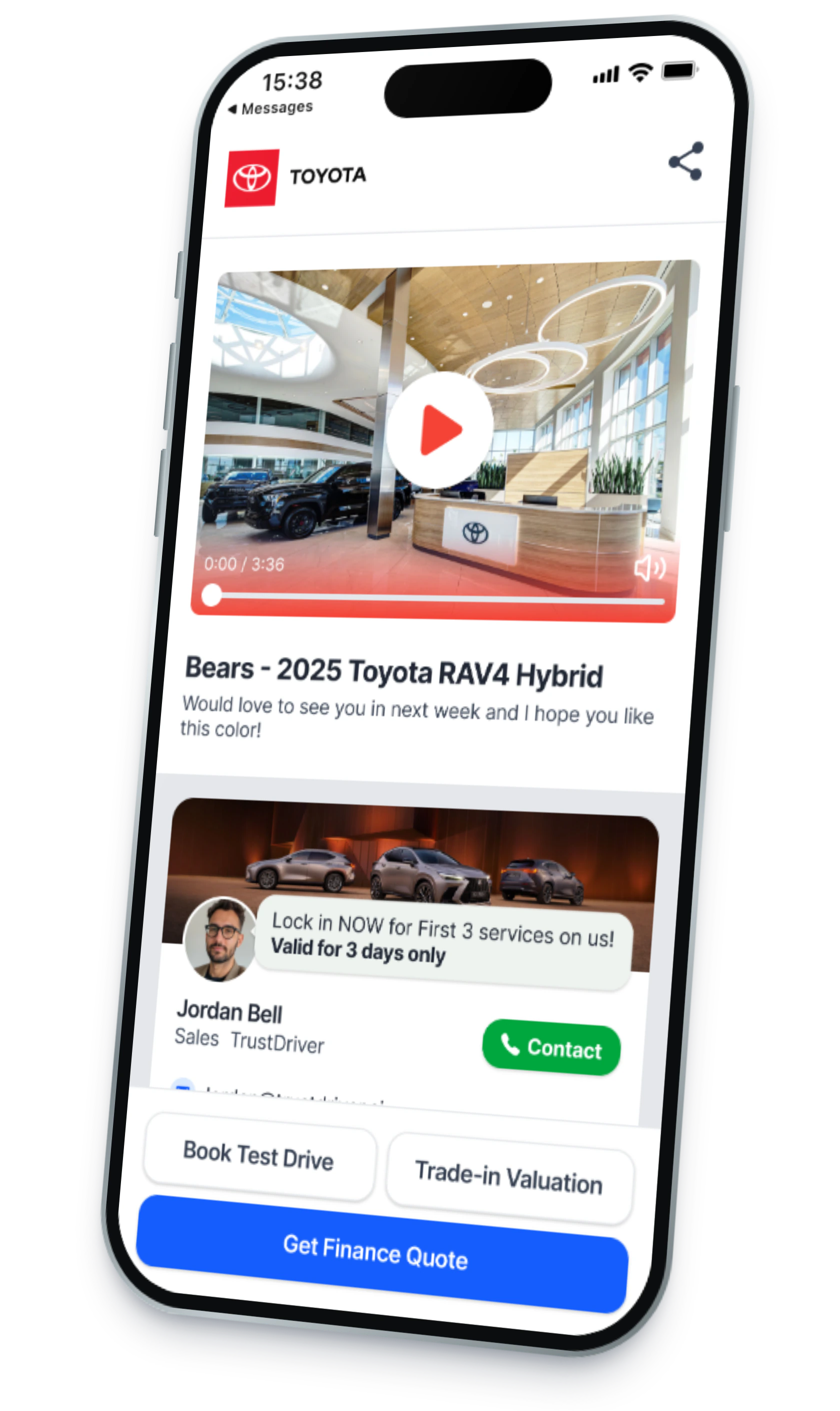 A buyer's personal page on a phone, with the car, a video and the salesperson, sample data