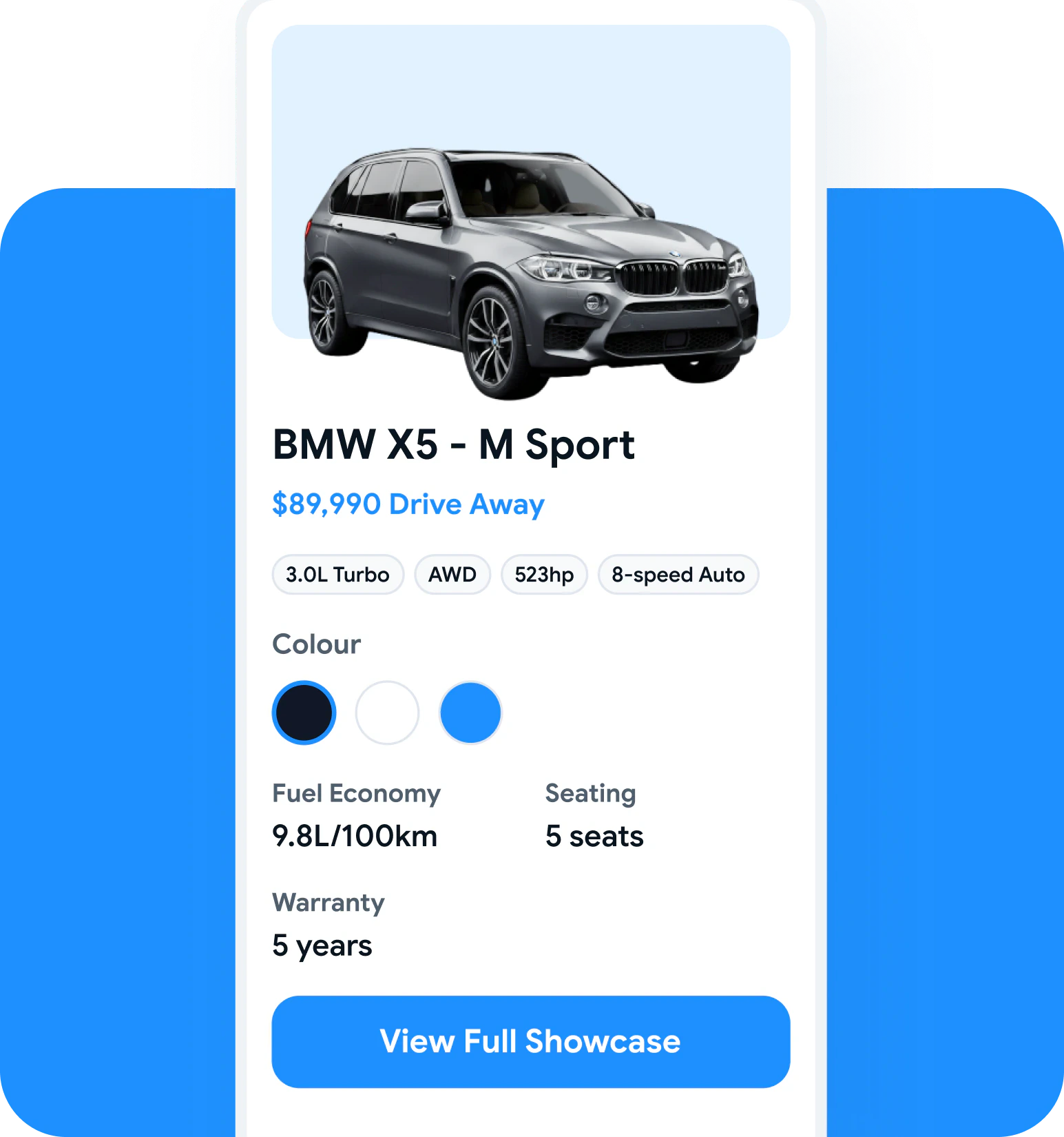 A car's showcase page with its price, colours and details, sample data